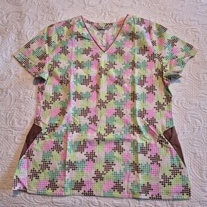 Comfy Cotton uniform shirt small multi color dot scrub top 2 front pockets VGUC